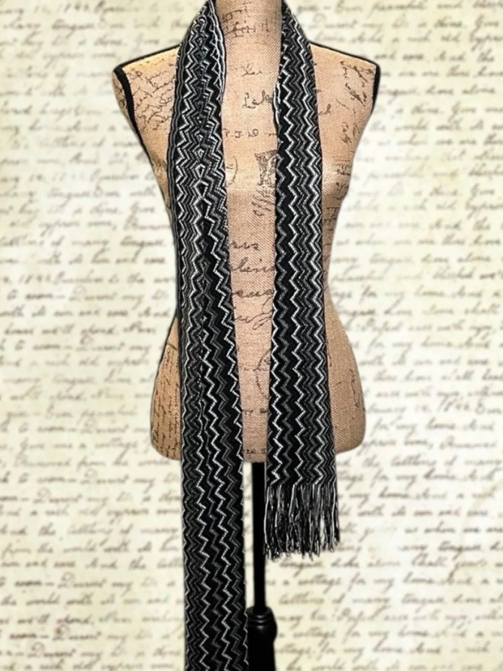 Black & White Zigzag Scarf Fringe Detail 72” Length